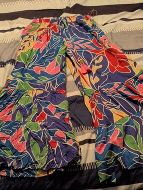 True Destinations Tropical Print Wide-Leg Pants in Navy, Red & Teal